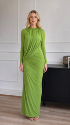 Model wearing green ruched long-sleeve maxi dress front view