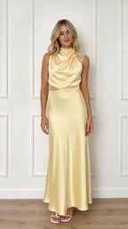 Front view of yellow satin cowl neck maxi dress