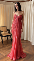 Front view of rose red strapless pleated mermaid maxi evening dress