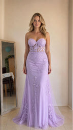 Front view of lavender strapless mermaid evening gown