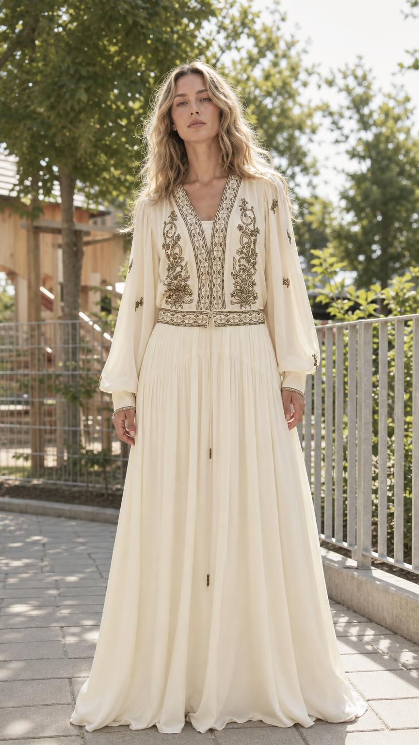 Front view of Ivory bohemian embroidered long-sleeve maxi dress