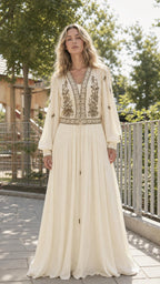 Front view of Ivory bohemian embroidered long-sleeve maxi dress