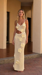 Full front view of model wearing yellow crochet cutout maxi dress
