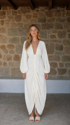 Front view of White V-Neck Ruched Long Sleeve Maxi Dress