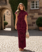 Front view of burgundy floral crochet lace mock neck maxi dress