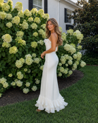 White ruffle trim satin-look mermaid maxi dress side view with flounced hem