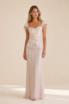 Front view of the blush beaded evening gown