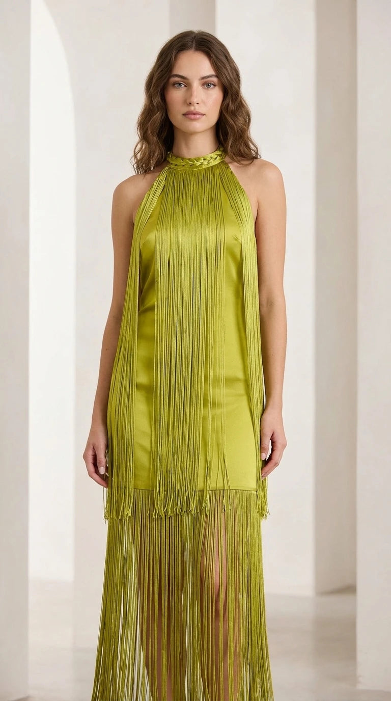 Front view of woman wearing olive green fringe halter maxi dress