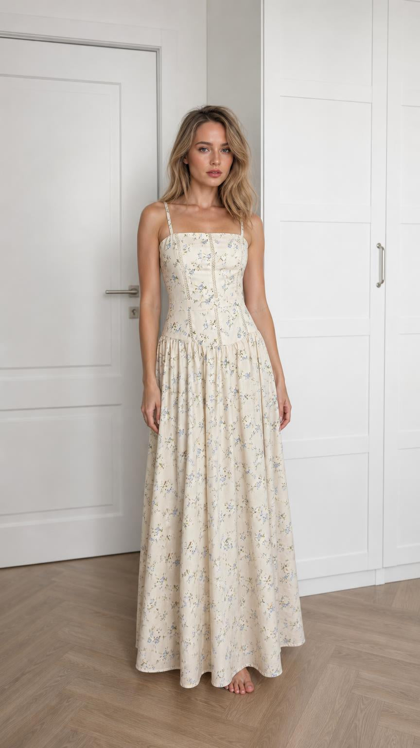 Front view of woman wearing ivory floral maxi dress