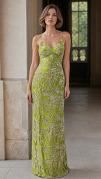Elegance Sequin Embroidered Slip Maxi Dress in Lime front view