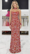 Front view of red embellished strapless evening gown