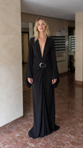 Front view of black deep V-neck long sleeve maxi dress