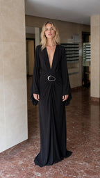 Front view of black deep V-neck long sleeve maxi dress