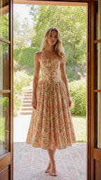Full length view of cream floral midi sundress on model