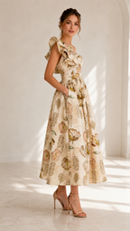 Front view of cream floral one-shoulder ruffle midi dress with pockets