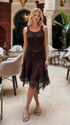 Front view of model wearing dark brown floral lace two-piece set