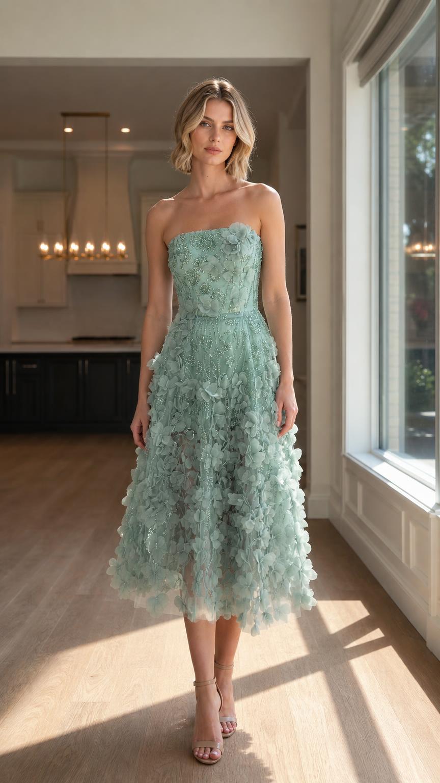 Front view of sage green strapless 3D floral midi dress