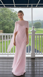 Elegance Flowing Cape Overlay Maxi Evening Dress in Pink front view