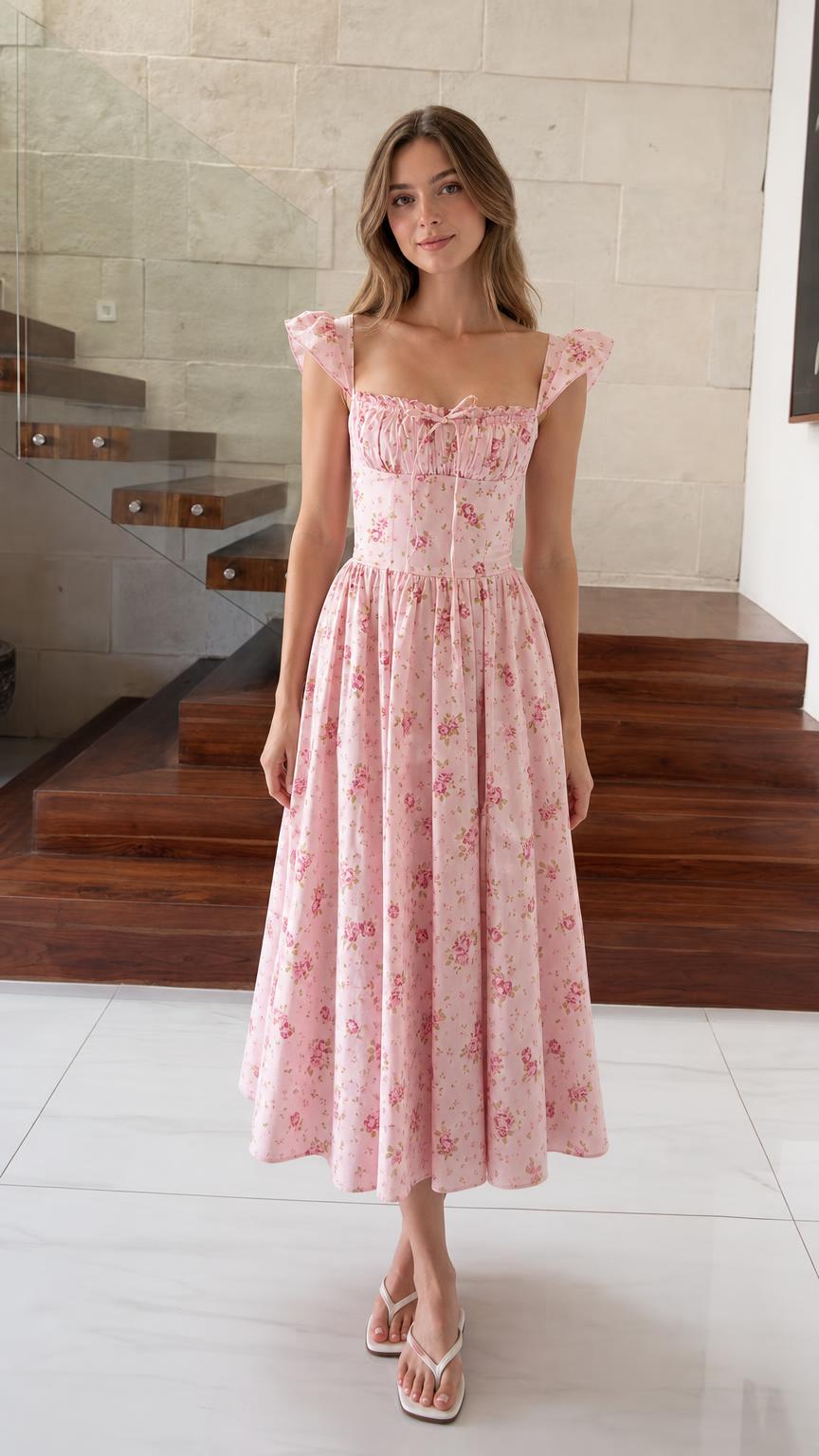 Front view of model wearing pink floral midi dress