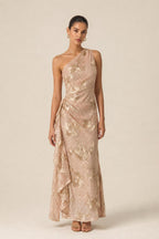 Front view of champagne one-shoulder sequin evening gown with floral appliques