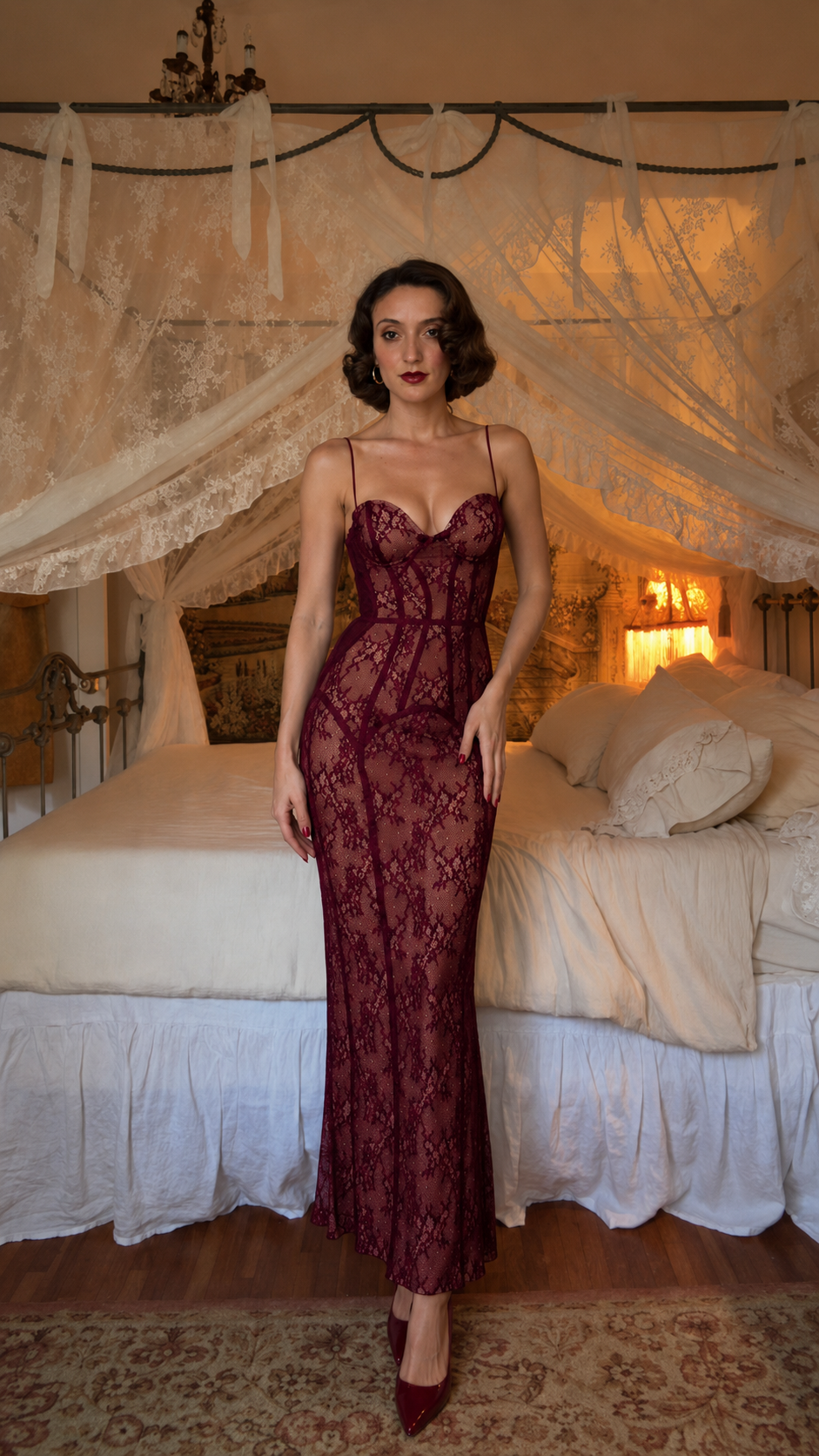 Model wearing Burgundy lace corset maxi dress from the front