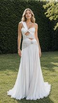 Front view of white one-shoulder pleated evening gown
