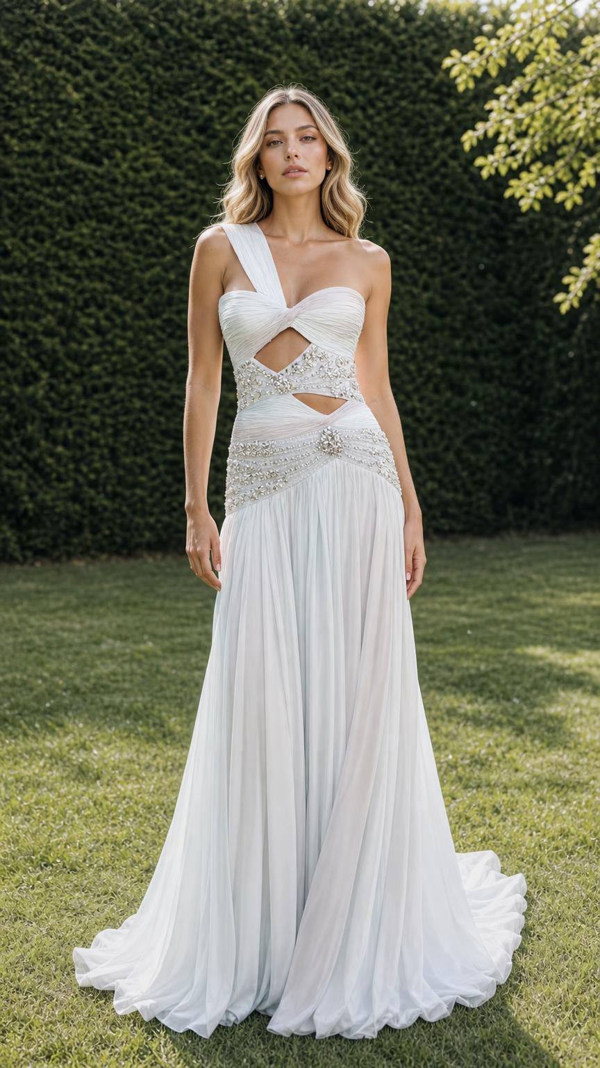 Front view of white one-shoulder pleated evening gown