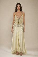 Front view of champagne embellished plunge maxi dress