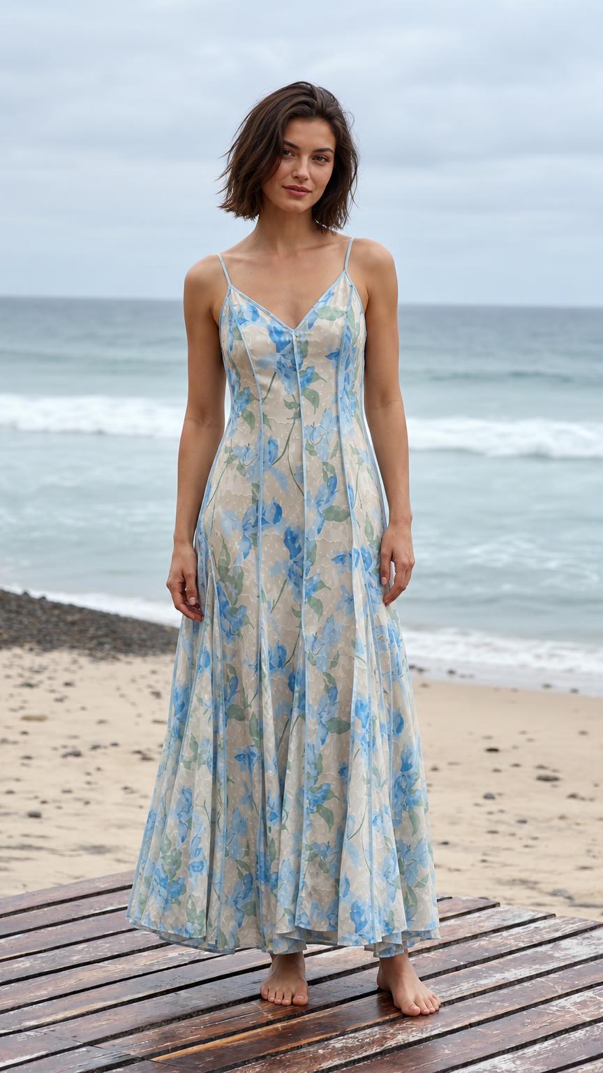 Front view of a cream floral maxi slip dress with thin straps on a beach boardwalk