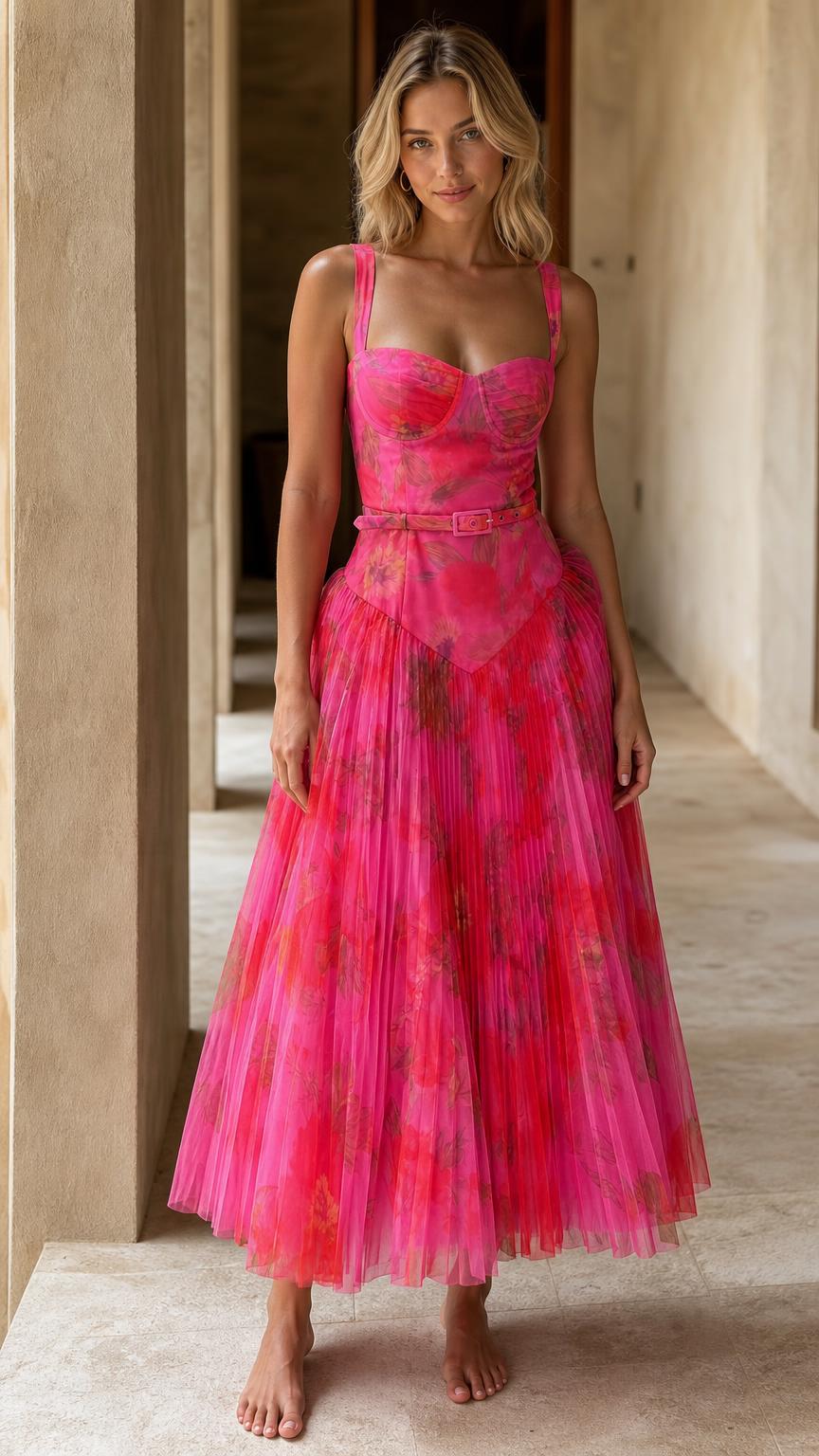 Front view of pink floral pleated midi dress
