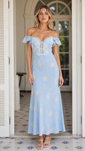 Front view of Light Blue off-the-shoulder maxi dress