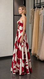 Side profile view of the floral print maxi dress