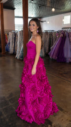 Side profile view of Fuchsia gown showing fitted bodice