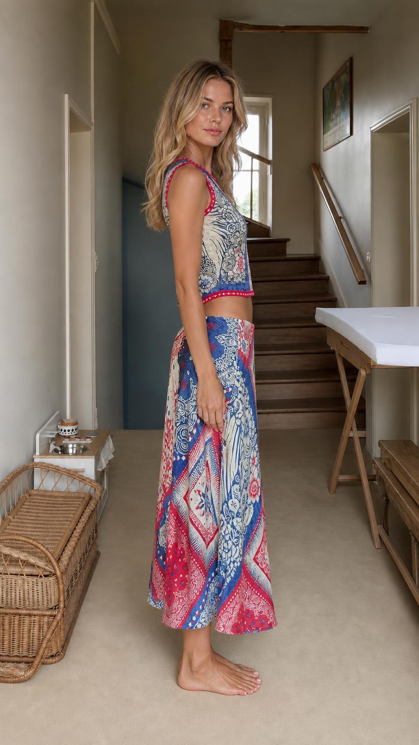 Side profile view of model in blue two-piece matching set