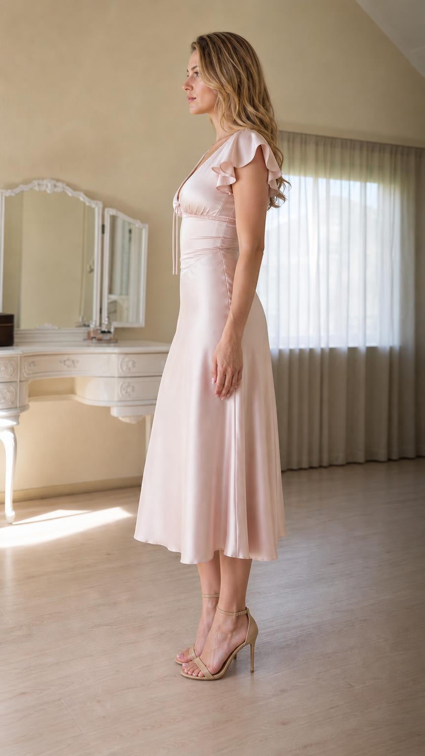 Side view of pink satin midi dress