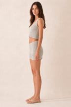 Side view of light grey knit lounge set