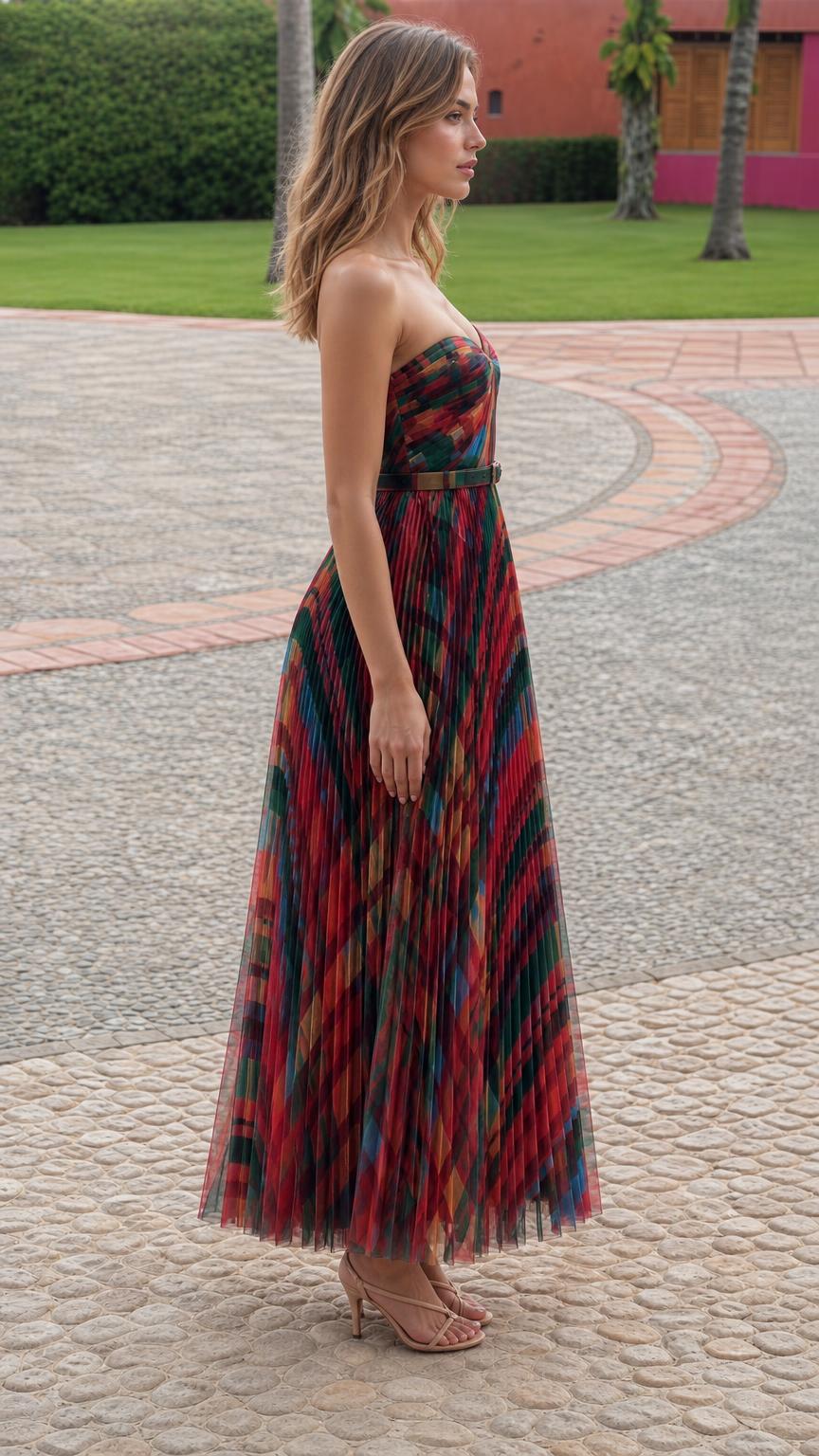 Side profile of model in multi-color pleated maxi dress