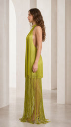 Side profile view of olive green fringe maxi dress