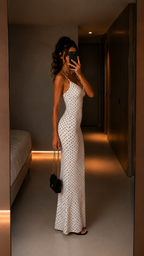 White polka dot cami maxi dress side angle