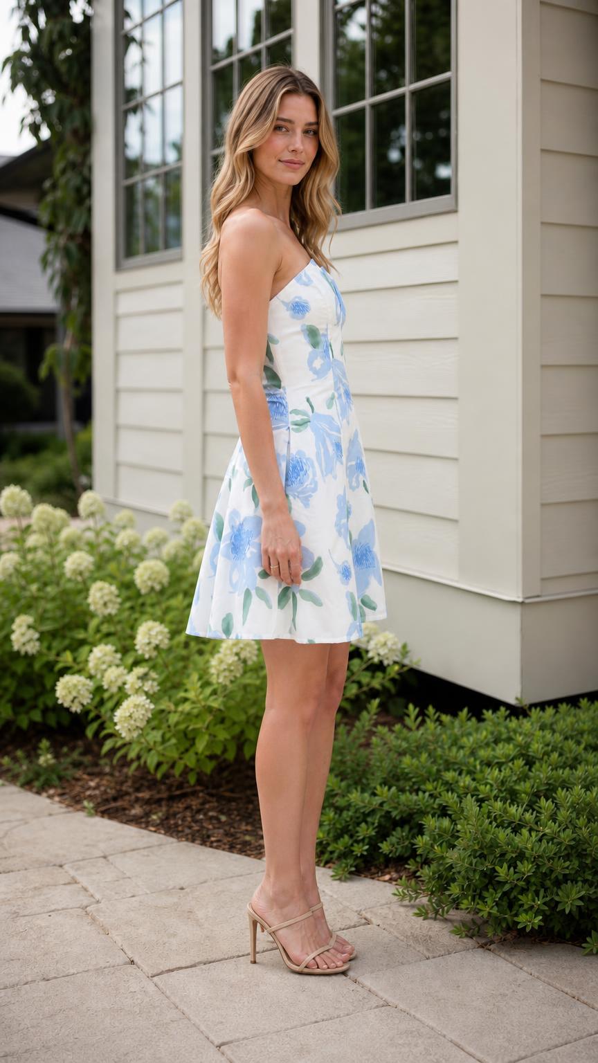 Side view of model wearing white floral strapless mini dress