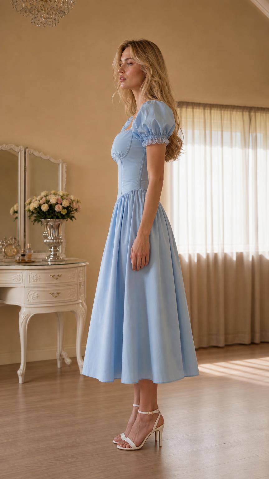 Side profile view of light blue puff sleeve midi dress