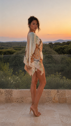 Side view of printed kimono sleeve plunging mini dress
