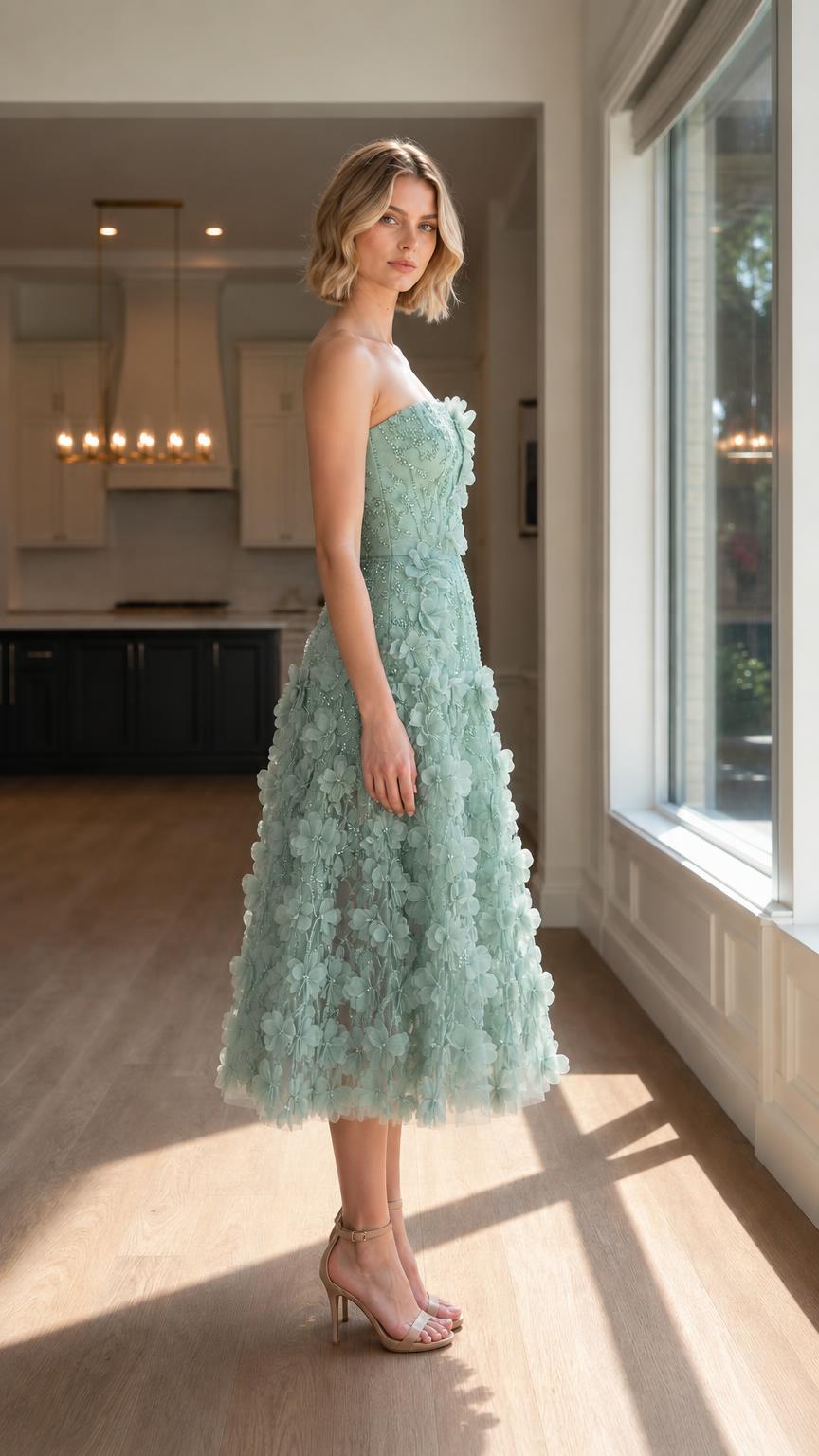 Side profile of sage green midi dress on model
