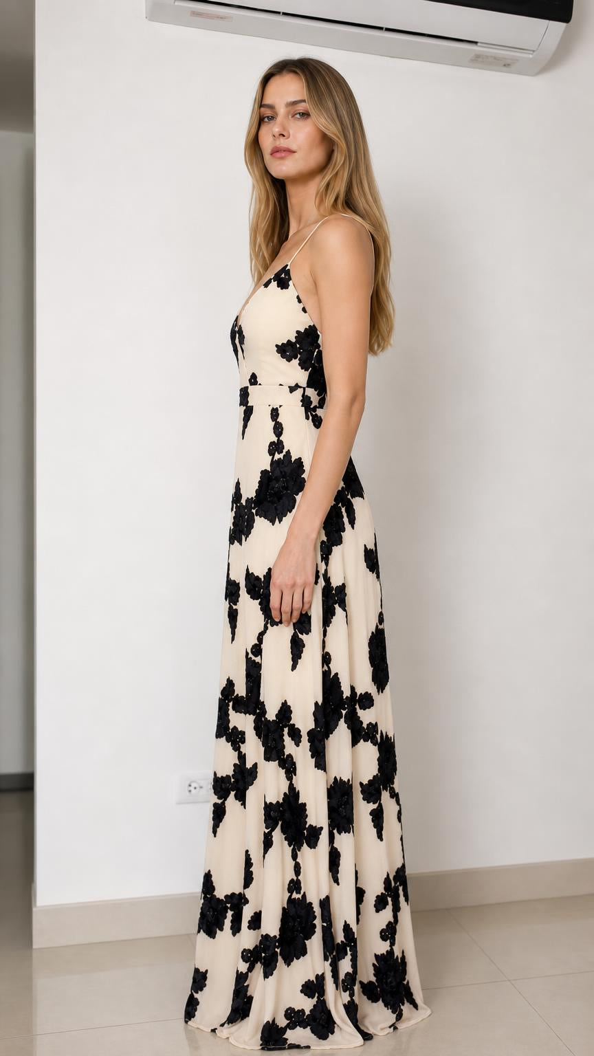 Side profile view of champagne maxi dress