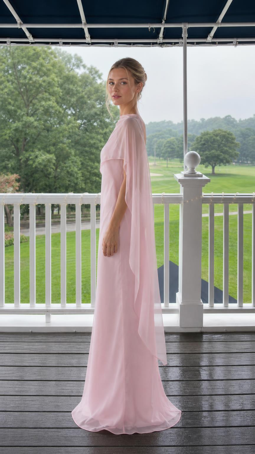 Elegance Flowing Cape Overlay Maxi Evening Dress in Pink side view