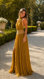 Mustard pleated halter maxi dress with front slit shown at angled side view