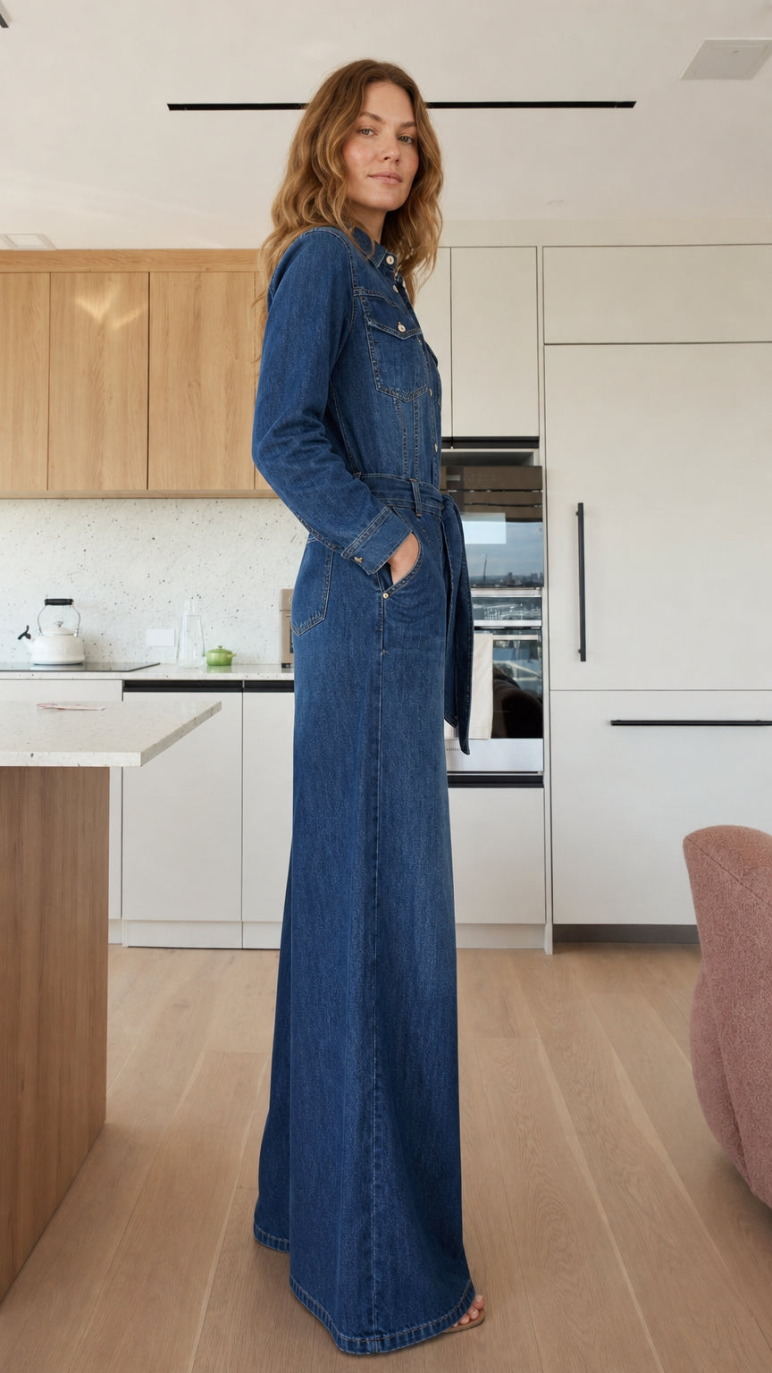 Side profile of model in blue wide-leg denim jumpsuit