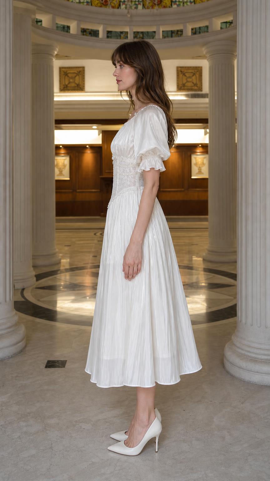 Side profile view of white midi dress