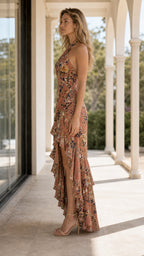 Side view of rust floral halter maxi dress