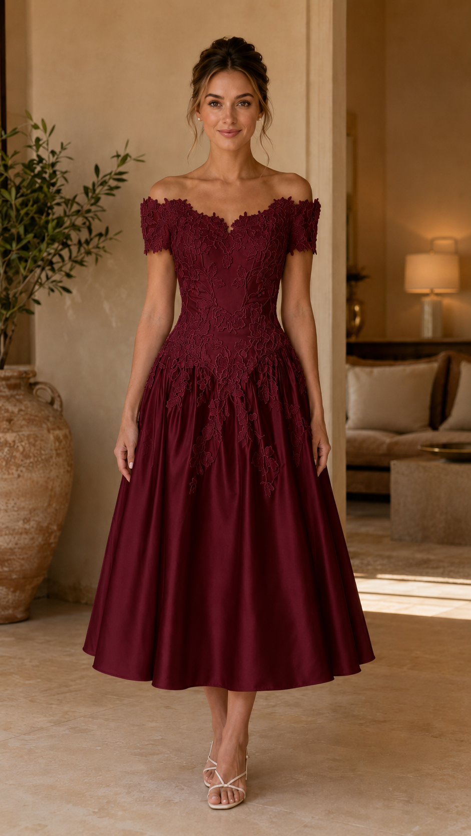 Front view of burgundy off-shoulder lace midi A-line dress
